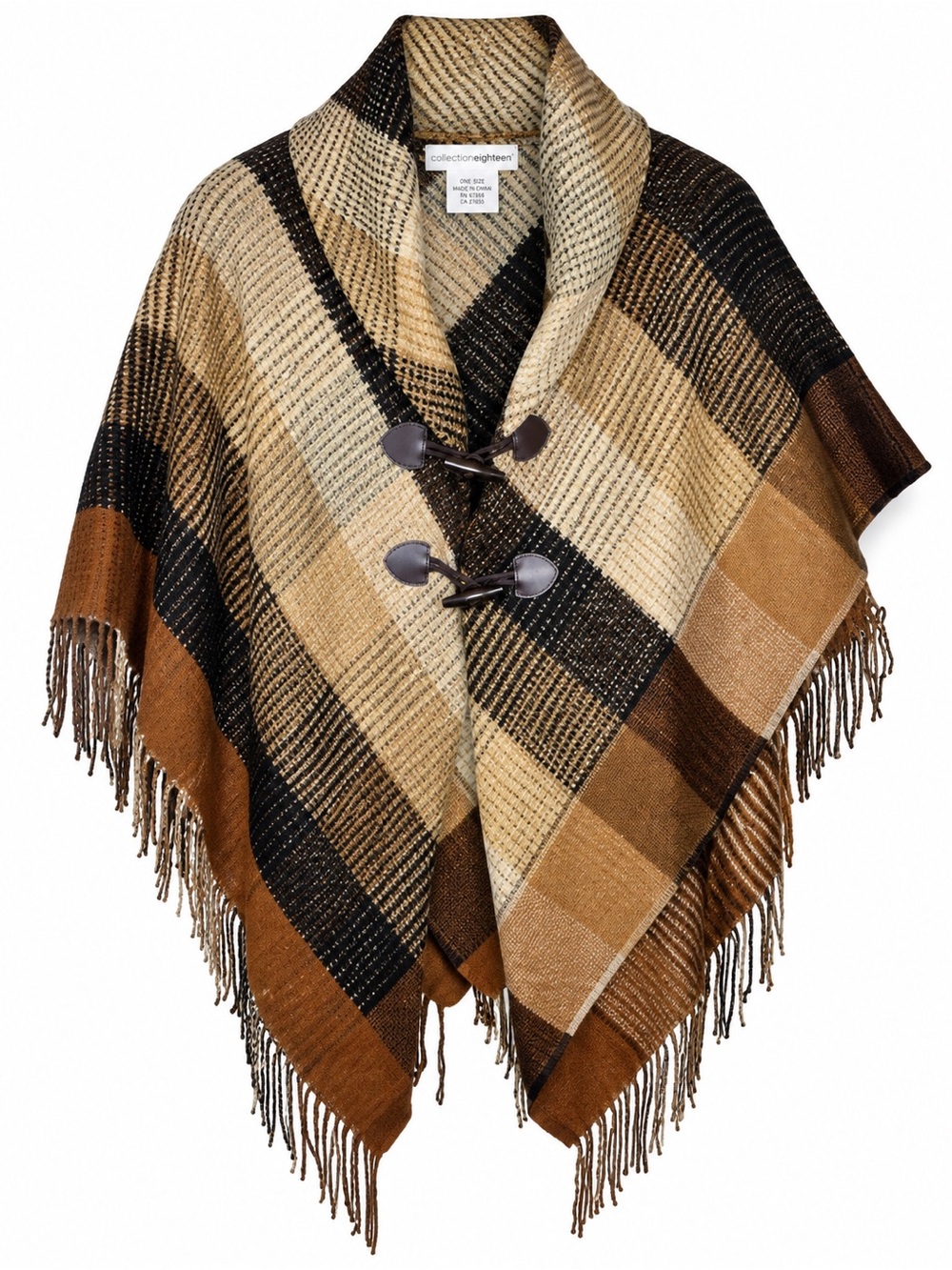 Collection Eighteen Plaid Toggle Poncho Cape Fringe Shawl Wrap One Size